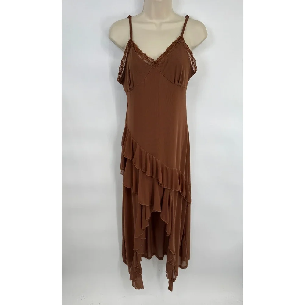 Shein Asymmetrical Fairy Dress Womens Large Brown Ruffle Layered Lace Trim